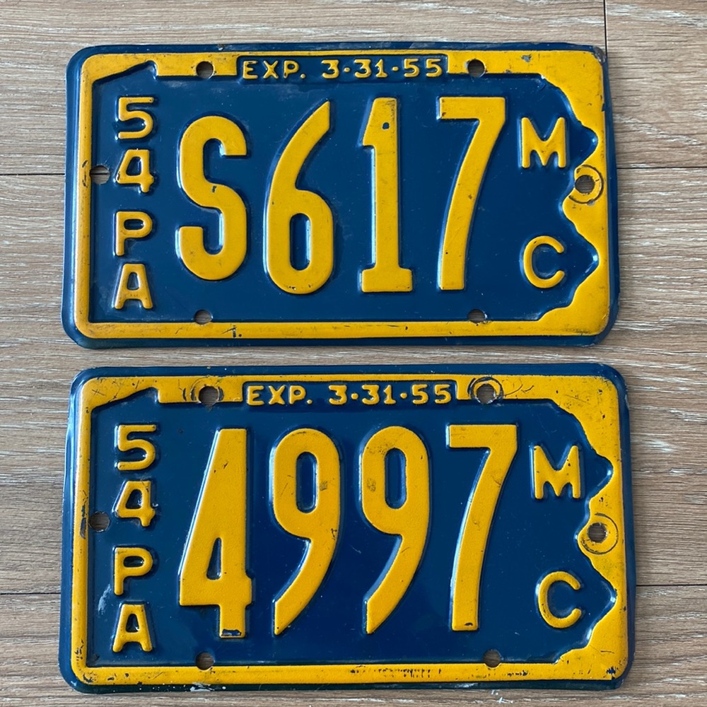 Vintage 1954 Motorcycle License Plates - set of 2
